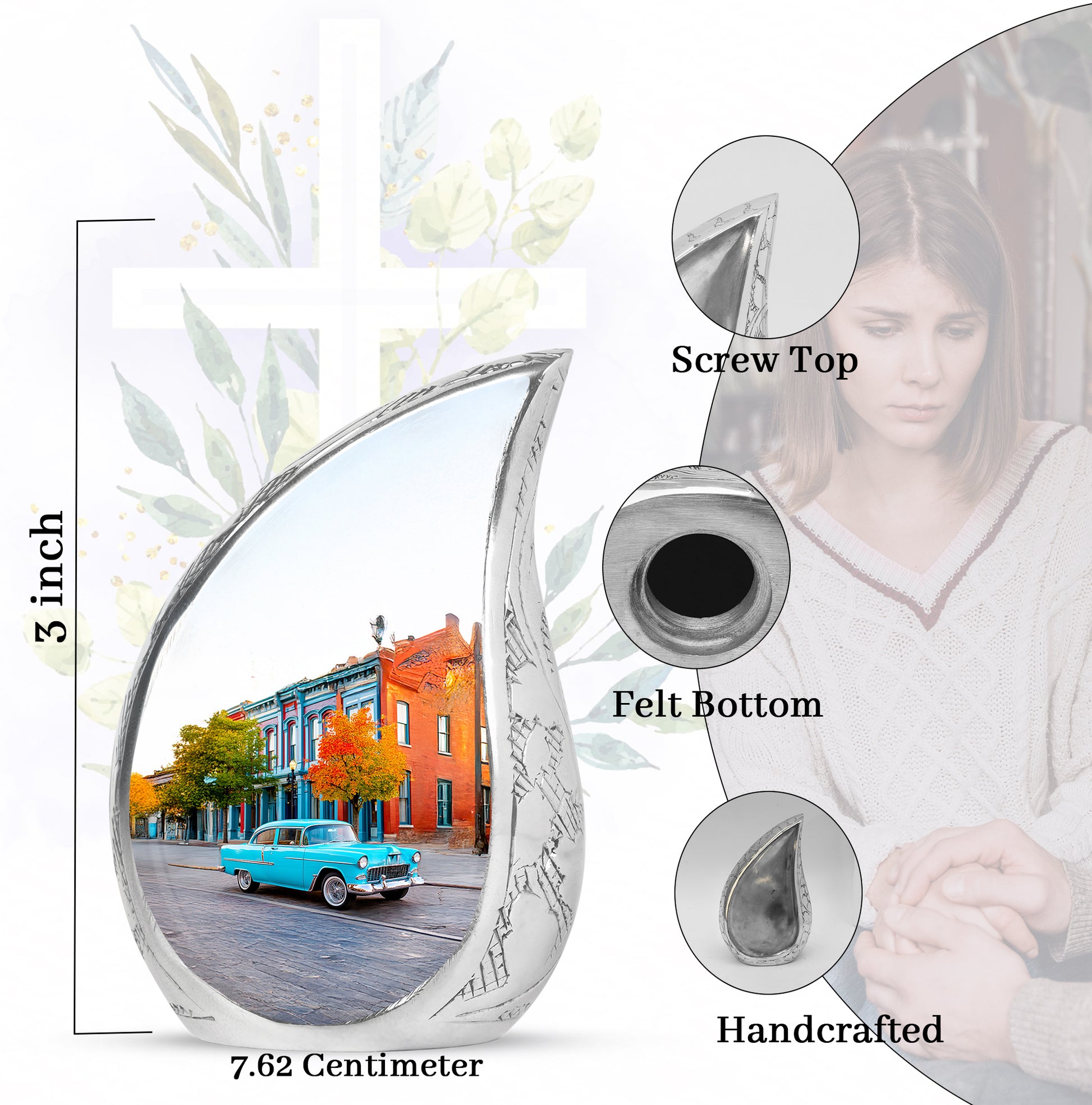 Chrome Silver Car Cremation Urn angled view of lid and engraved motif - graceful tear-shaped urn with car motif - mini keepsake memorial for portion of cremation ashes