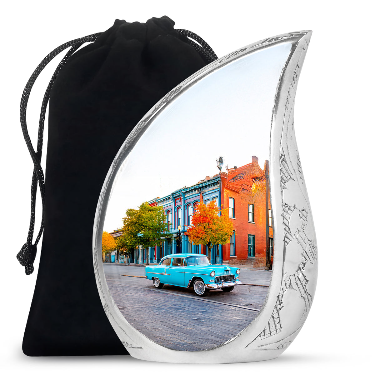 Antique Silver Car Cremation Urn front view showing detailed design - graceful tear-shaped urn with car motif - full-size 10 inch 200 cubic inch adult cremation urn