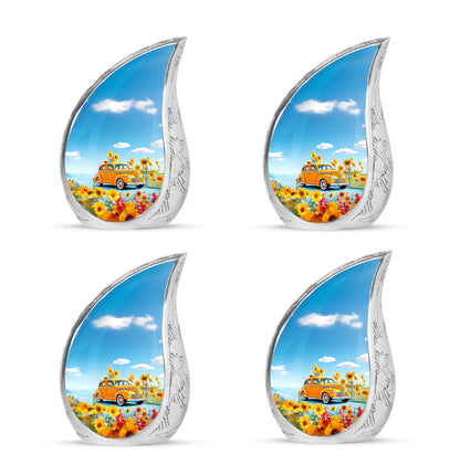 Icy Blue Car Cremation Urn close-up of engraving and surface detail - flowing teardrop car silhouette on curved aluminum - 10 inch aluminum urn for cremated remains
