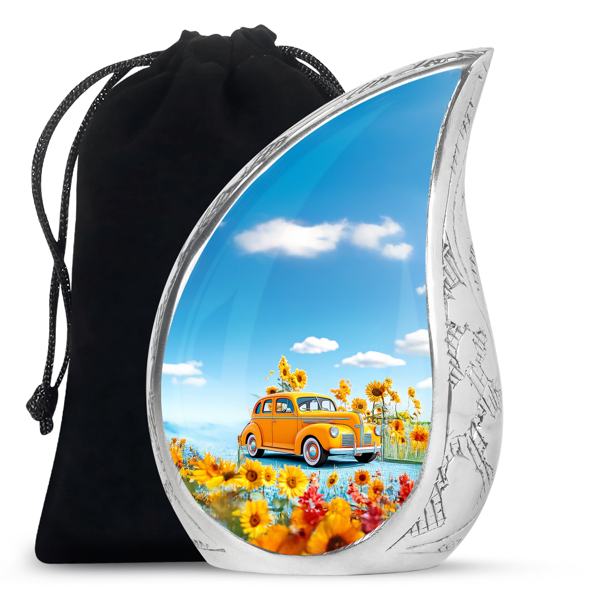 Vivid Blue Car Cremation Urn front view showing detailed design - graceful tear-shaped urn with car motif - full-size 10 inch 200 cubic inch adult cremation urn
