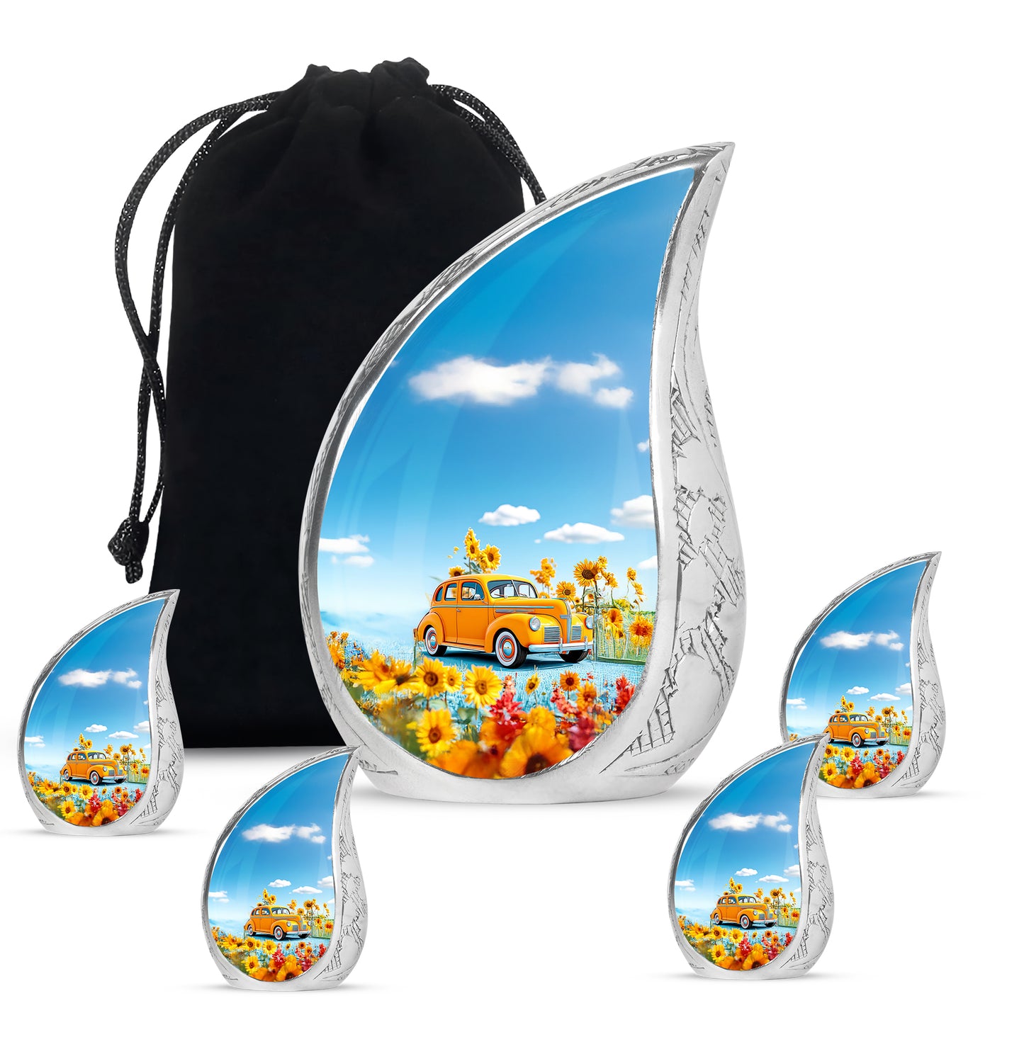 Misty Blue Car Cremation Urn side profile showing urn shape - rounded teardrop car design with delicate detail - memorial set with one large and four small urns