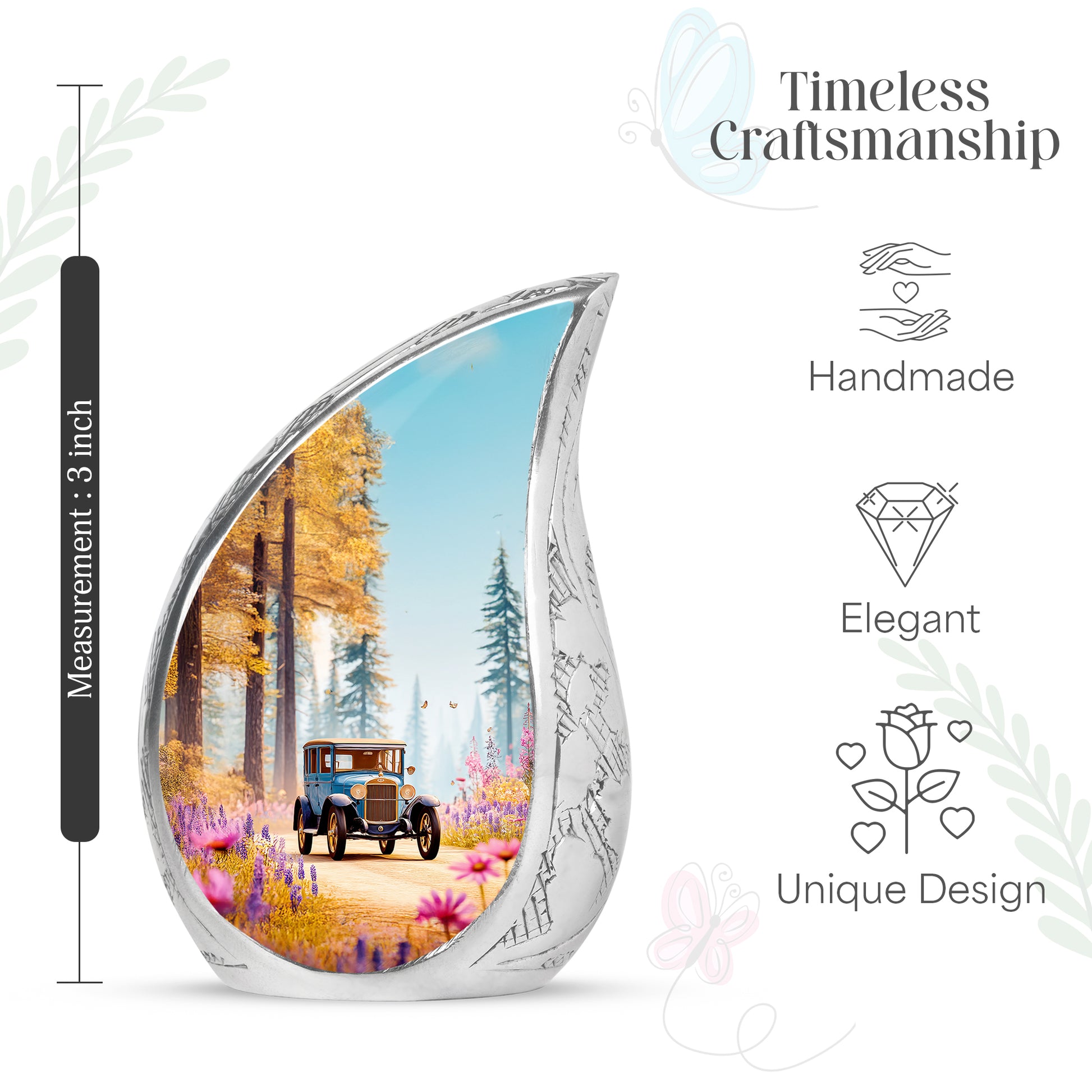 Sea Green Teal Car Cremation Urn angled view of lid and engraved motif - flowing teardrop car silhouette on curved aluminum - mini keepsake memorial for portion of cremation ashes