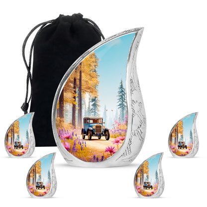 Vivid Teal Car Cremation Urn side profile showing urn shape - smooth teardrop contour featuring car art - memorial set with one large and four small urns