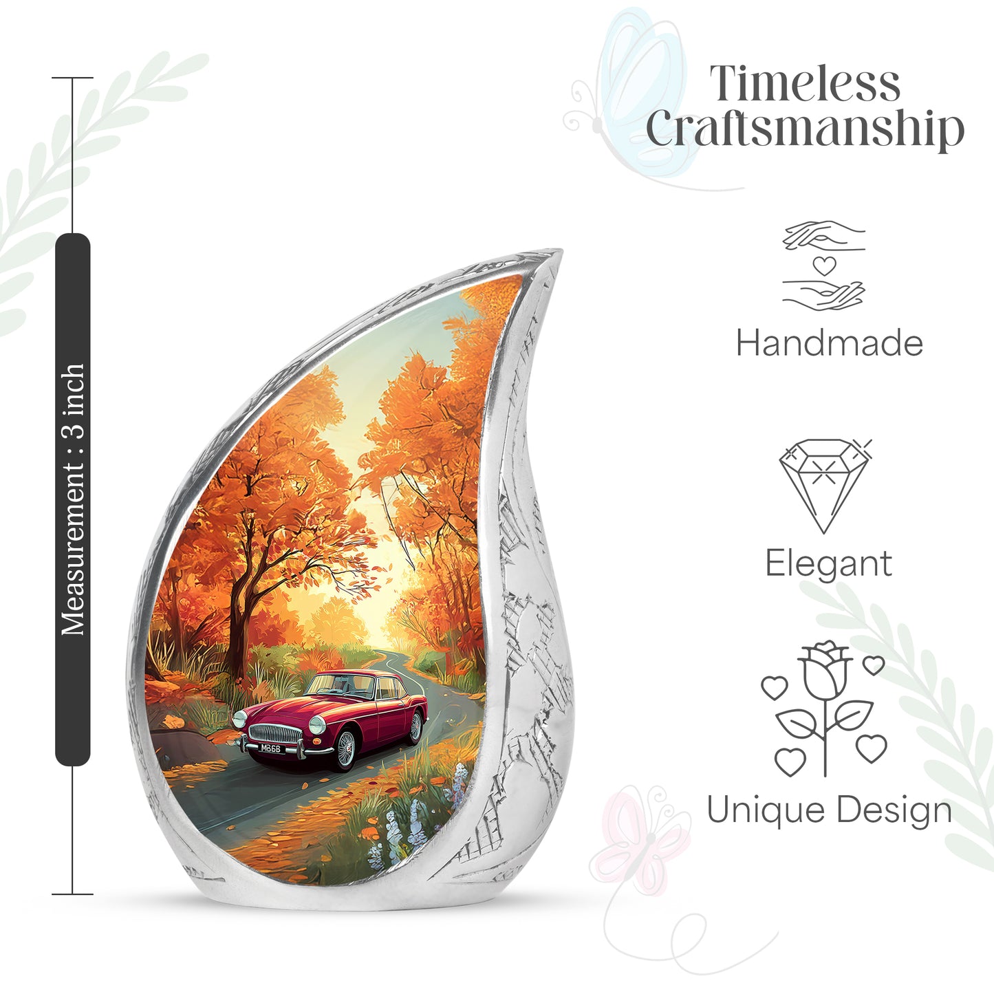 Gilded Gold Car Cremation Urn angled view of lid and engraved motif - rounded teardrop car design with delicate detail - mini keepsake memorial for portion of cremation ashes