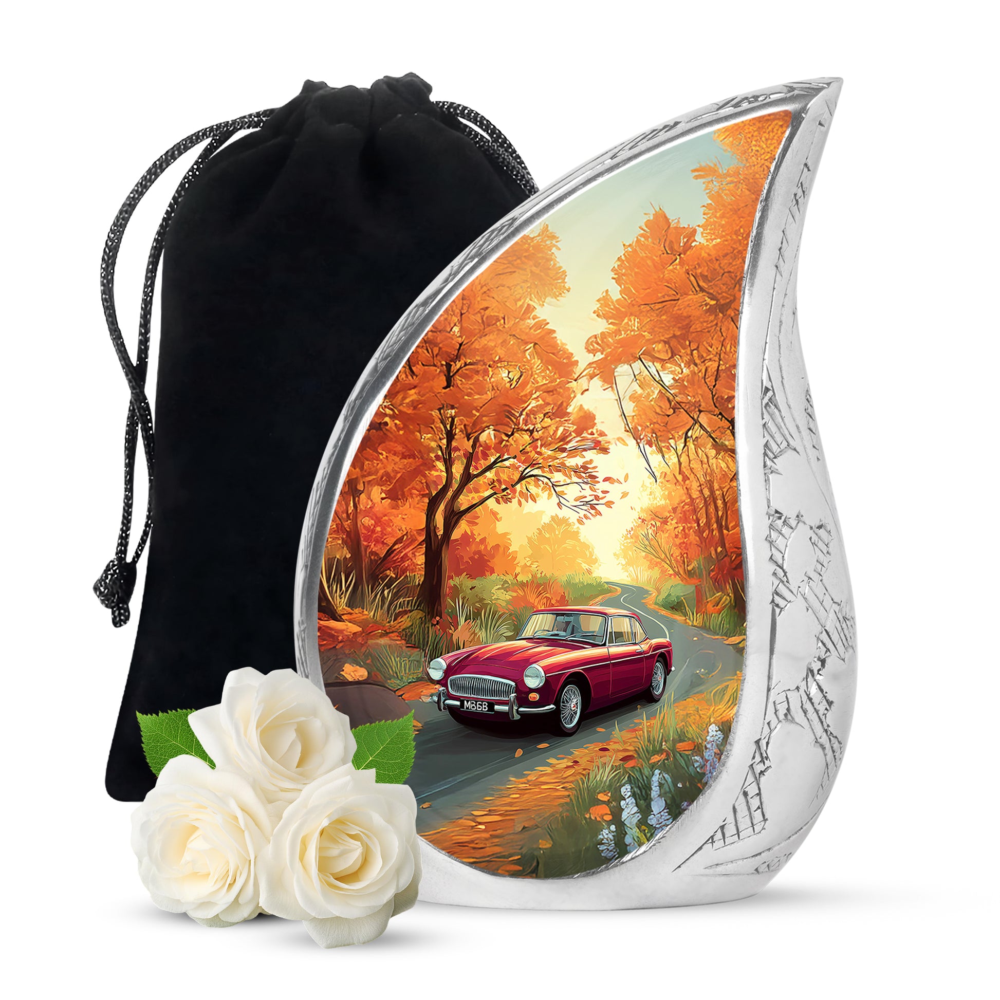 Matte Gold Car Cremation Urn front view showing detailed design - graceful tear-shaped urn with car motif - full-size 10 inch 200 cubic inch adult cremation urn