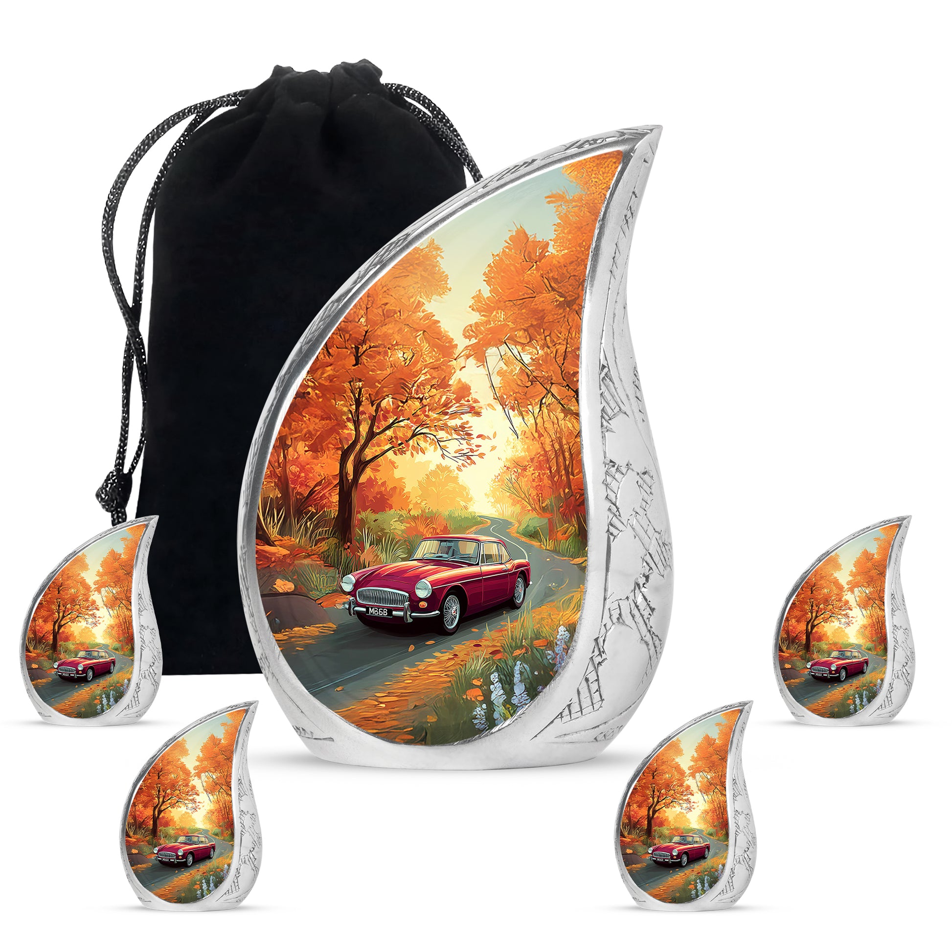 Warm Gold Car Cremation Urn side profile showing urn shape - smooth teardrop contour featuring car art - memorial set with one large and four small urns