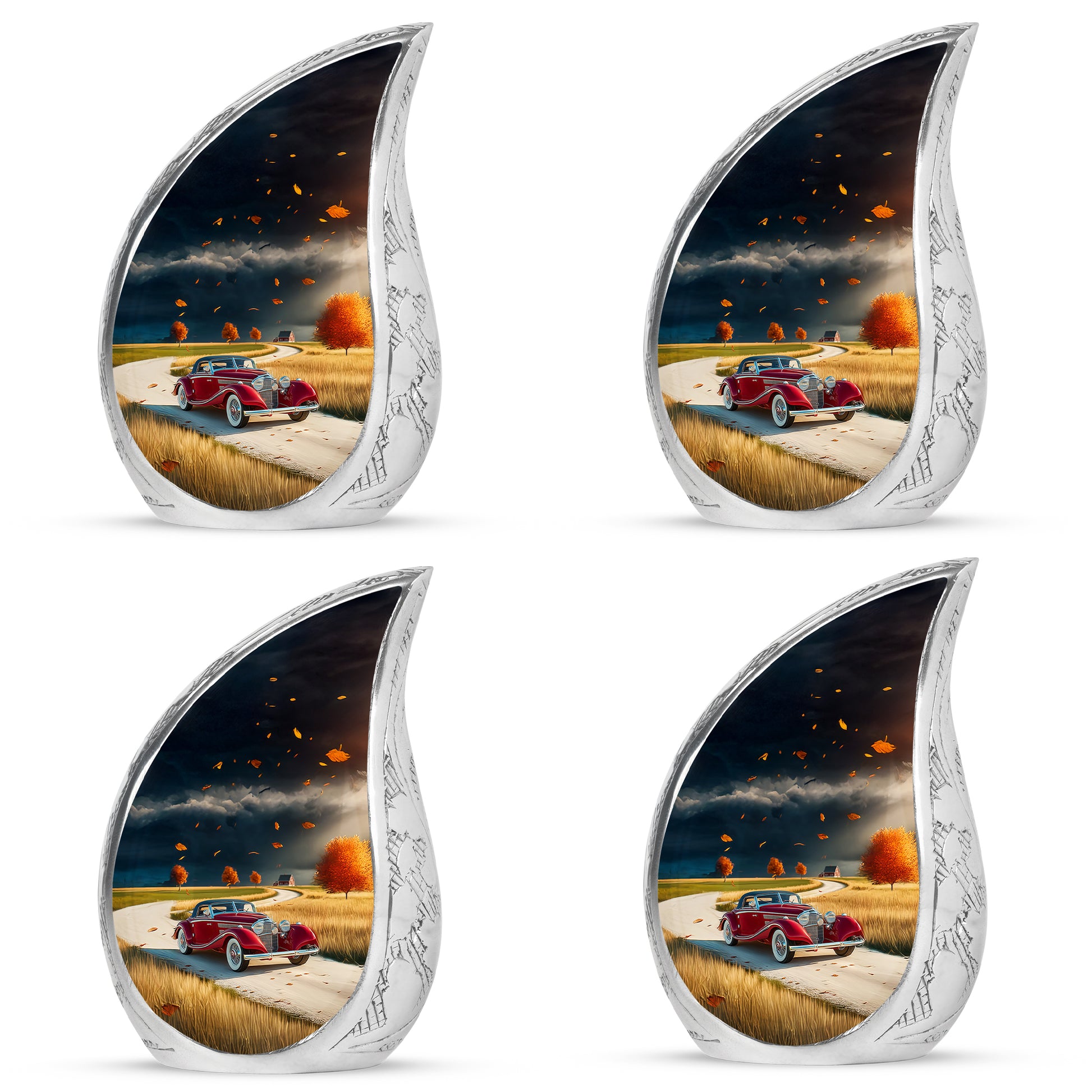 Azure Car Cremation Urn close-up of engraving and surface detail - flowing teardrop car silhouette on curved aluminum - 10 inch aluminum urn for cremated remains