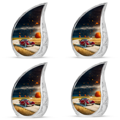 Azure Car Cremation Urn close-up of engraving and surface detail - flowing teardrop car silhouette on curved aluminum - 10 inch aluminum urn for cremated remains
