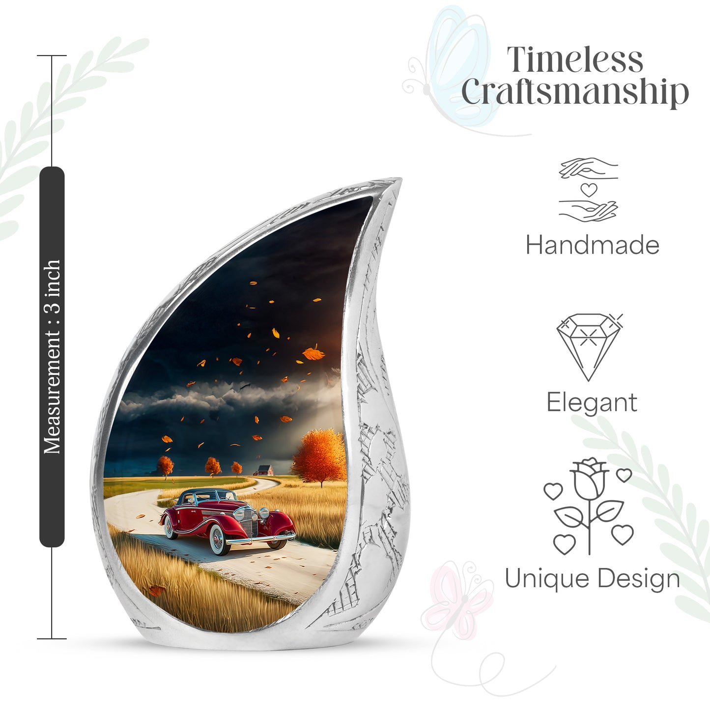 Sapphire Blue Car Cremation Urn angled view of lid and engraved motif - graceful tear-shaped urn with car motif - mini keepsake memorial for portion of cremation ashes
