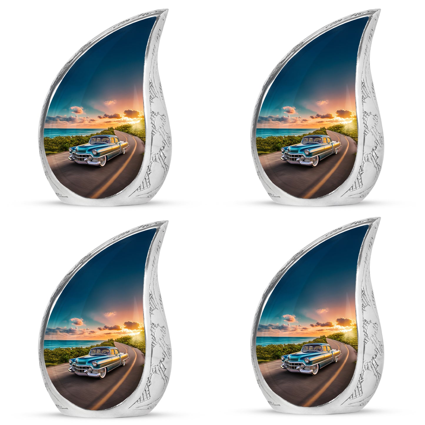 Celestial Blue Car Cremation Urn close-up of engraving and surface detail - rounded teardrop car design with delicate detail - 10 inch aluminum urn for cremated remains