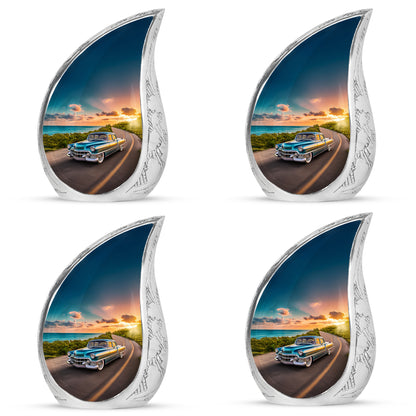 Celestial Blue Car Cremation Urn close-up of engraving and surface detail - rounded teardrop car design with delicate detail - 10 inch aluminum urn for cremated remains
