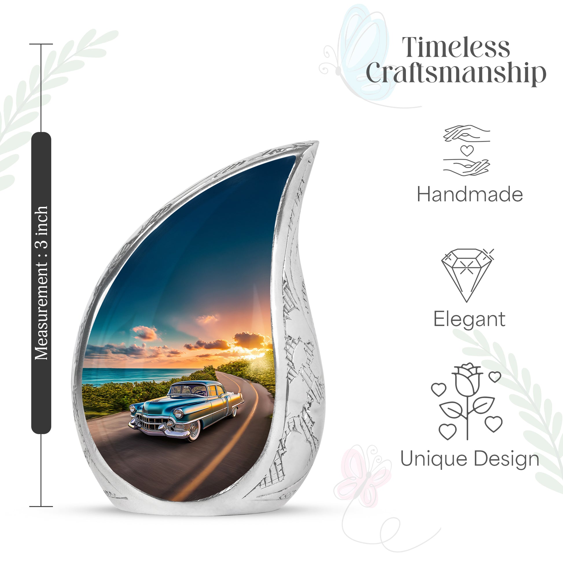 Celestial Blue Car Cremation Urn angled view of lid and engraved motif - rounded teardrop car design with delicate detail - mini keepsake memorial for portion of cremation ashes