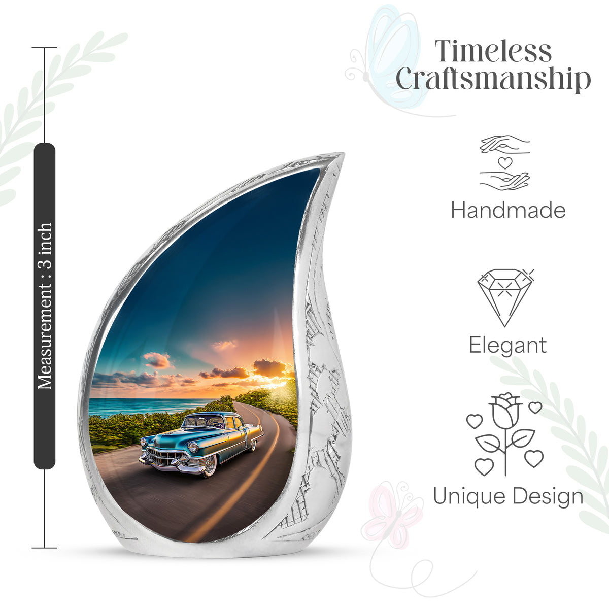 Celestial Blue Car Cremation Urn angled view of lid and engraved motif - rounded teardrop car design with delicate detail - mini keepsake memorial for portion of cremation ashes