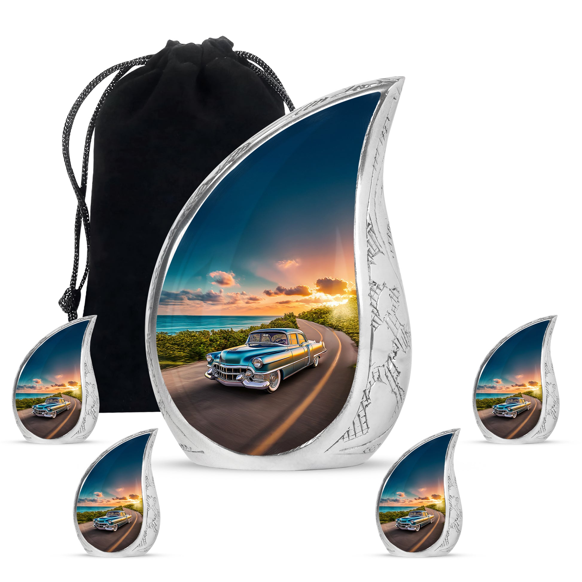 Steel Blue Car Cremation Urn side profile showing urn shape - graceful tear-shaped urn with car motif - memorial set with one large and four small urns