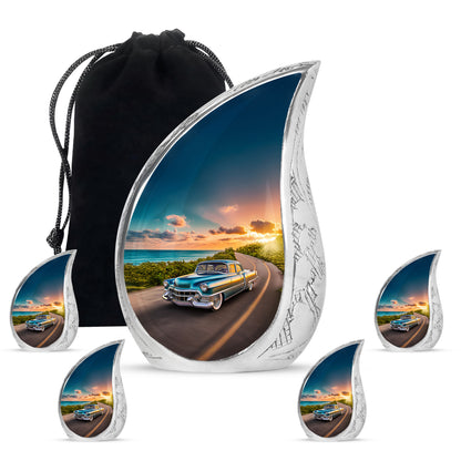 Steel Blue Car Cremation Urn side profile showing urn shape - graceful tear-shaped urn with car motif - memorial set with one large and four small urns