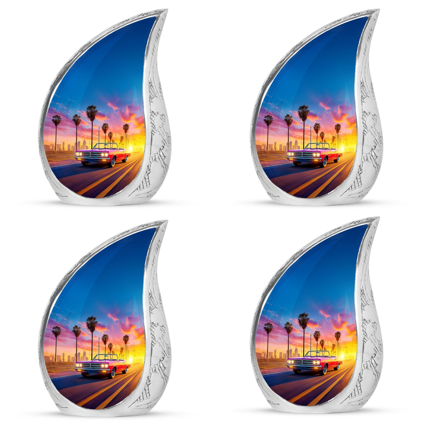 Azure Car Cremation Urn close-up of engraving and surface detail - flowing teardrop car silhouette on curved aluminum - 10 inch aluminum urn for cremated remains