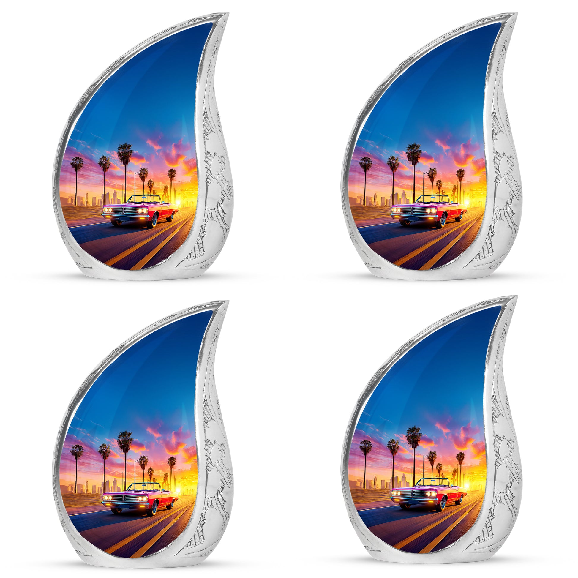 Azure Car Cremation Urn close-up of engraving and surface detail - flowing teardrop car silhouette on curved aluminum - 10 inch aluminum urn for cremated remains