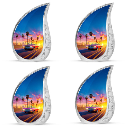 Azure Car Cremation Urn close-up of engraving and surface detail - flowing teardrop car silhouette on curved aluminum - 10 inch aluminum urn for cremated remains