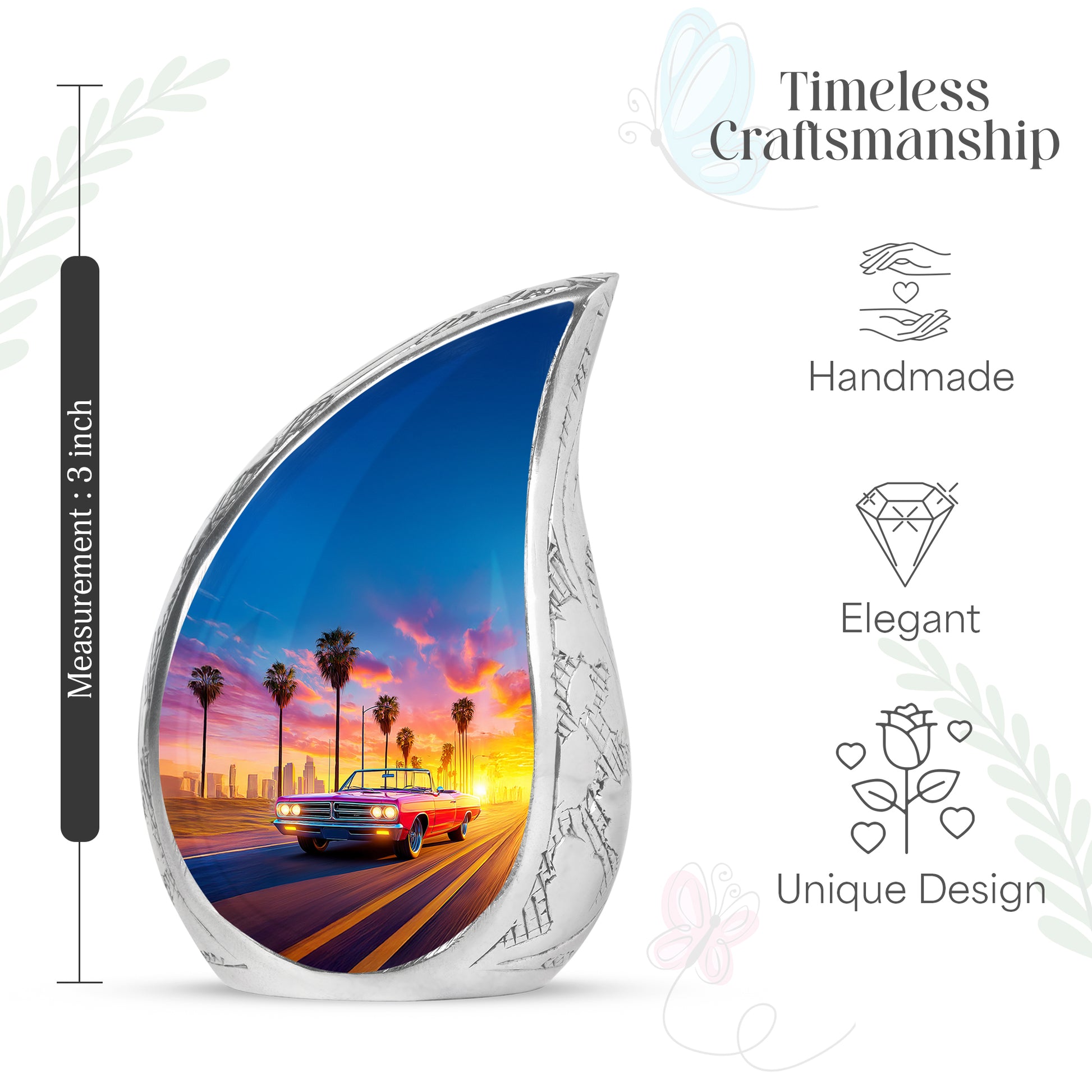 Sapphire Blue Car Cremation Urn angled view of lid and engraved motif - smooth teardrop contour featuring car art - mini keepsake memorial for portion of cremation ashes