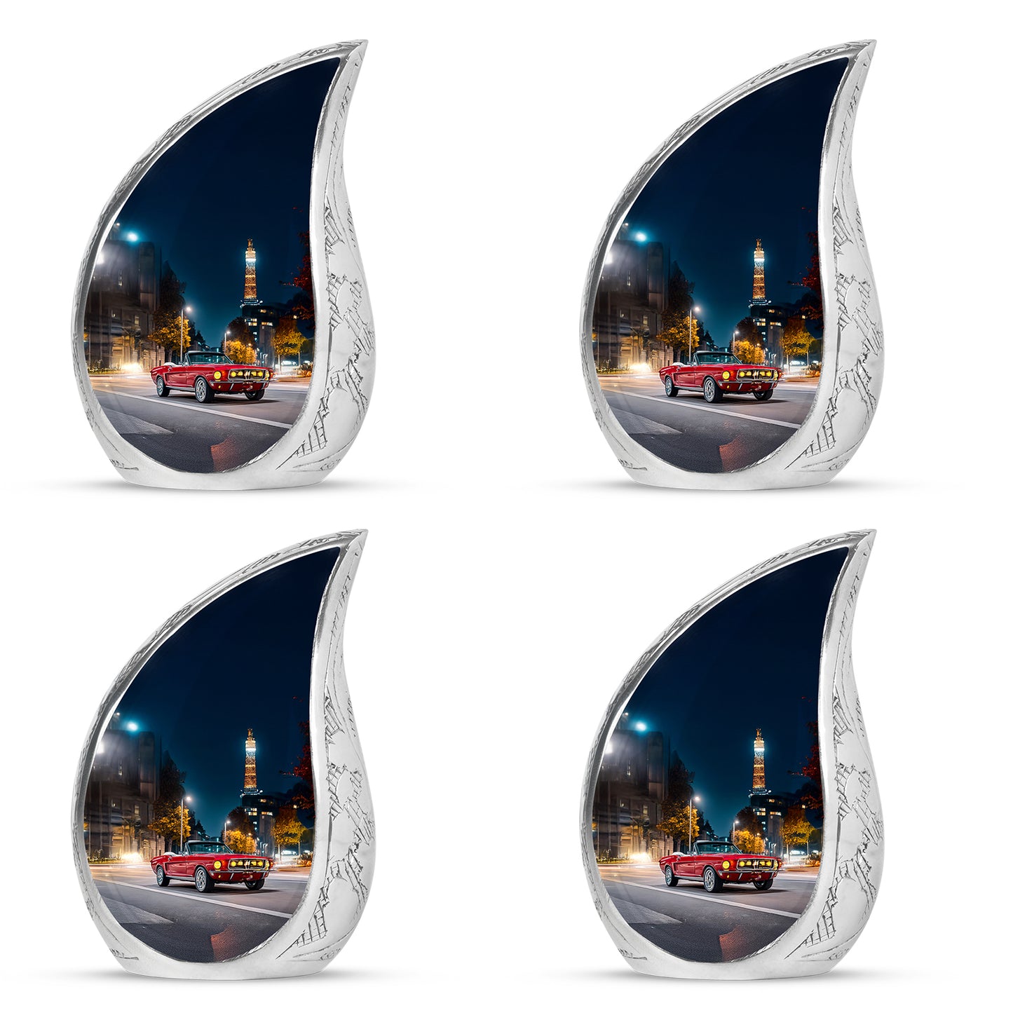 Sky Blue Car Cremation Urn close-up of engraving and surface detail - rounded teardrop car design with delicate detail - 10 inch aluminum urn for cremated remains