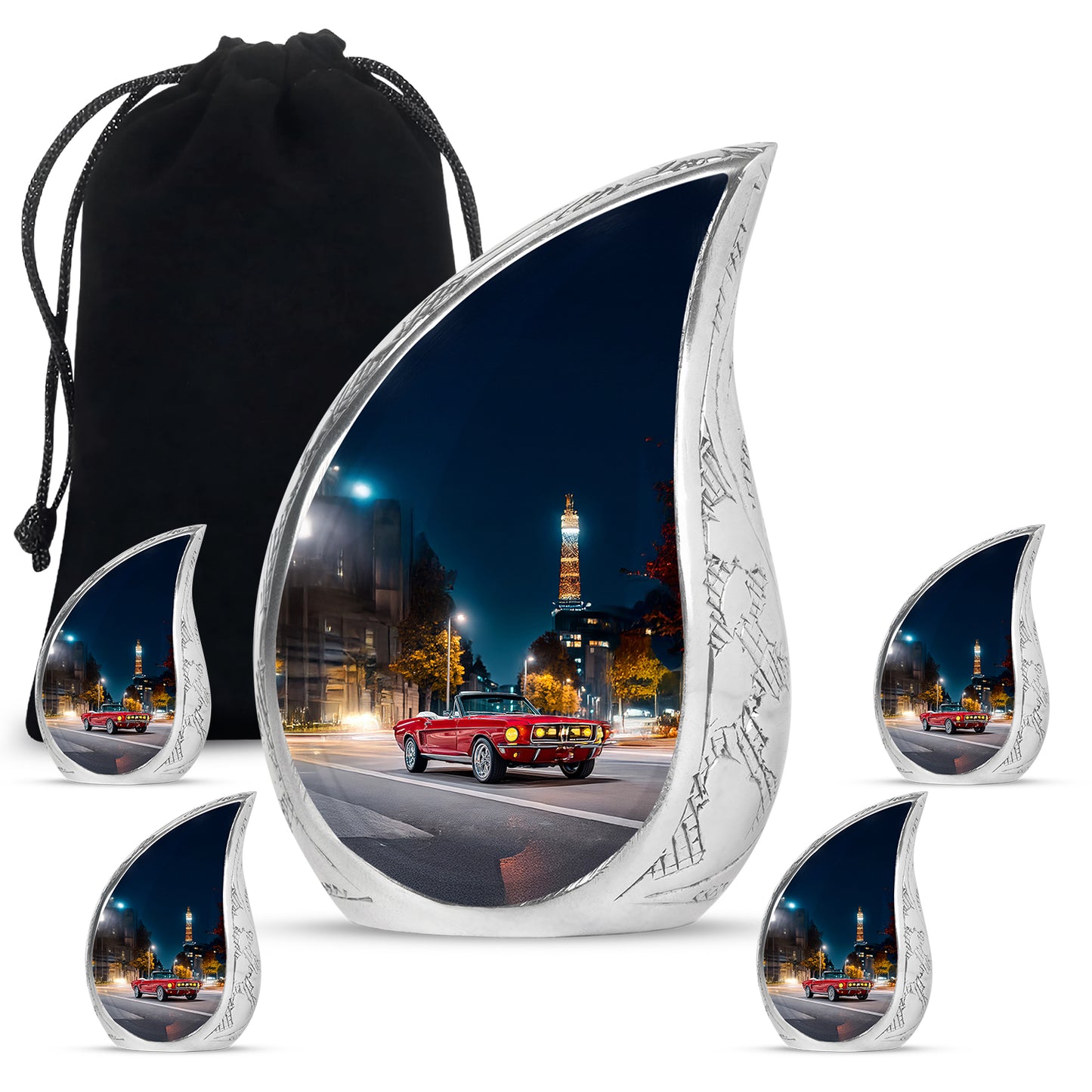 Twilight Blue Car Cremation Urn side profile showing urn shape - smooth teardrop contour featuring car art - memorial set with one large and four small urns