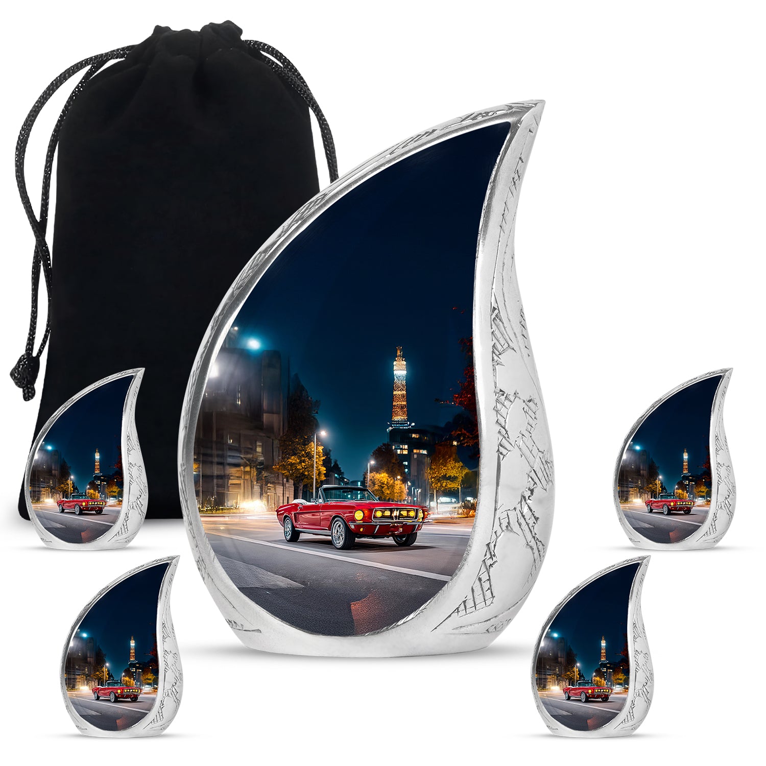 Twilight Blue Car Cremation Urn side profile showing urn shape - smooth teardrop contour featuring car art - memorial set with one large and four small urns