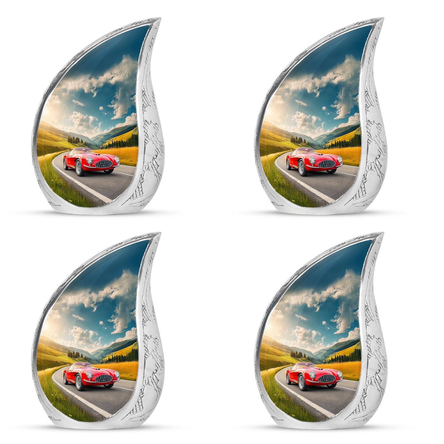 Twilight Blue Car Cremation Urn close-up of engraving and surface detail - smooth teardrop contour featuring car art - 10 inch aluminum urn for cremated remains