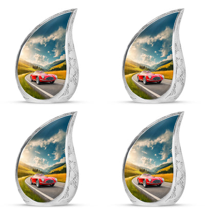 Twilight Blue Car Cremation Urn close-up of engraving and surface detail - smooth teardrop contour featuring car art - 10 inch aluminum urn for cremated remains