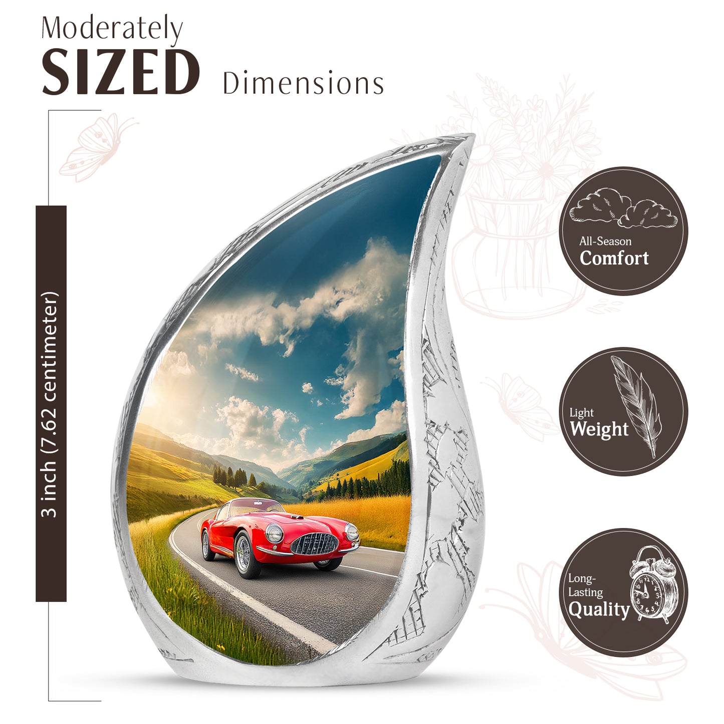 Indigo Car Cremation Urn angled view of lid and engraved motif - rounded teardrop car design with delicate detail - mini keepsake memorial for portion of cremation ashes