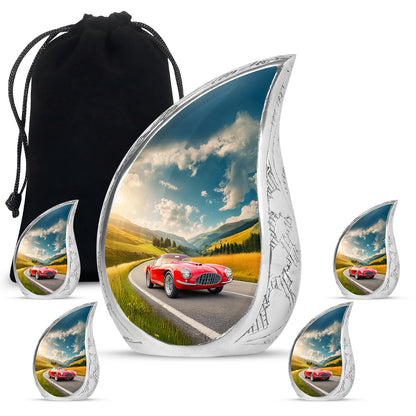 Twilight Blue Car Cremation Urn side profile showing urn shape - graceful tear-shaped urn with car motif - memorial set with one large and four small urns