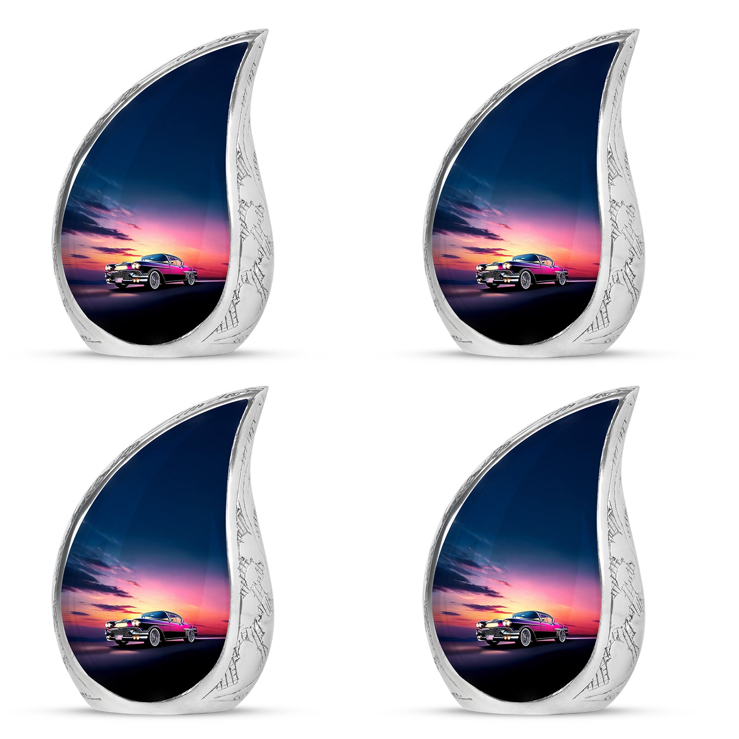 Steel Blue Car Cremation Urn close-up of engraving and surface detail - graceful tear-shaped urn with car motif - 10 inch aluminum urn for cremated remains