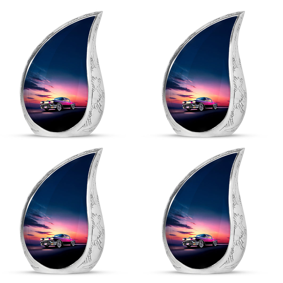 Steel Blue Car Cremation Urn close-up of engraving and surface detail - graceful tear-shaped urn with car motif - 10 inch aluminum urn for cremated remains