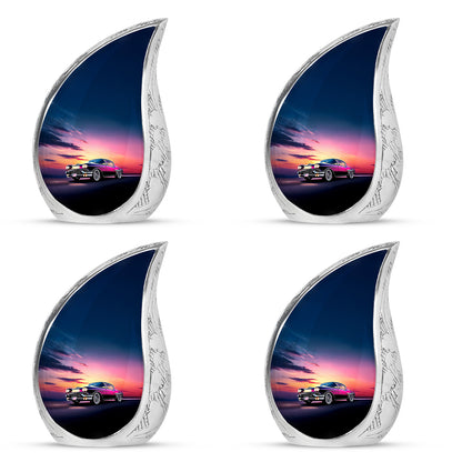 Steel Blue Car Cremation Urn close-up of engraving and surface detail - graceful tear-shaped urn with car motif - 10 inch aluminum urn for cremated remains