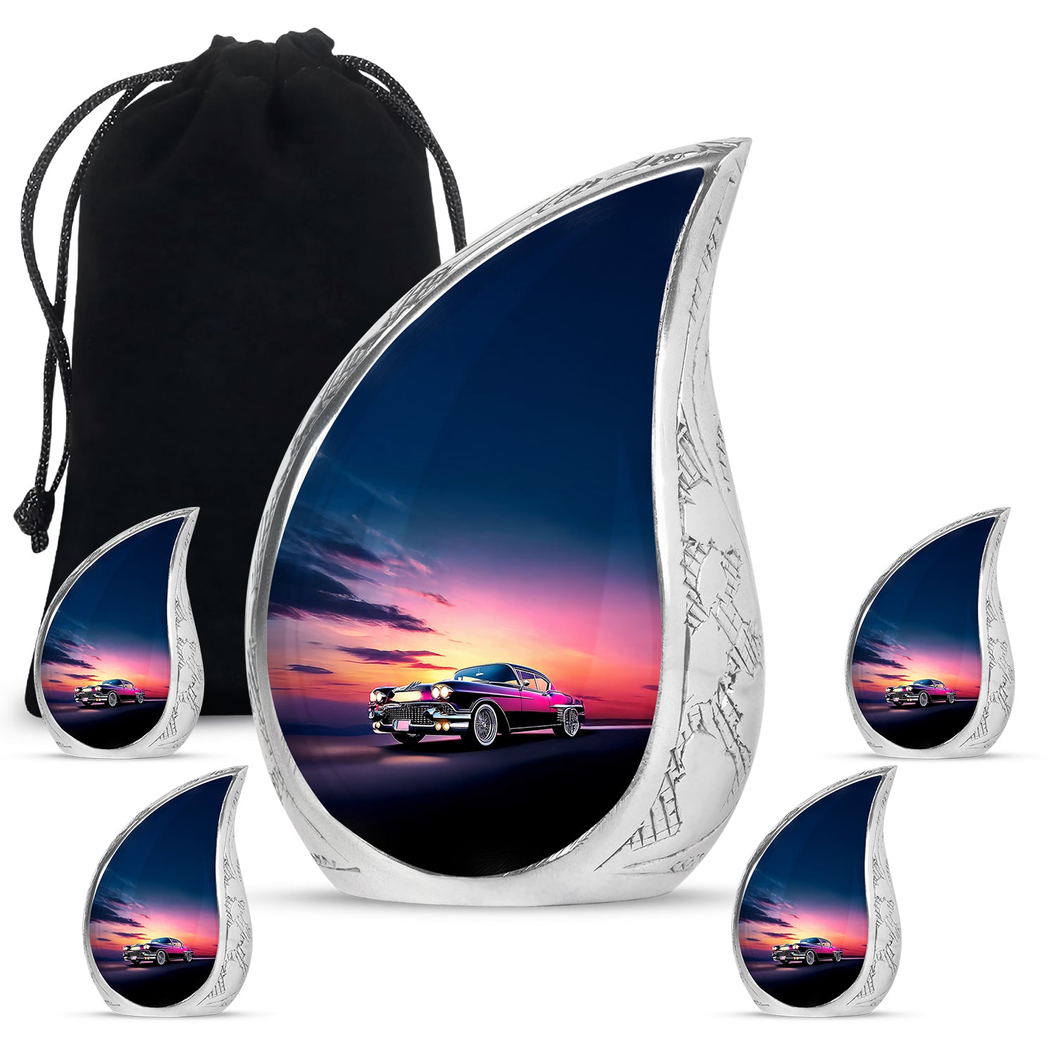 Pastel Blue Car Cremation Urn side profile showing urn shape - rounded teardrop car design with delicate detail - memorial set with one large and four small urns
