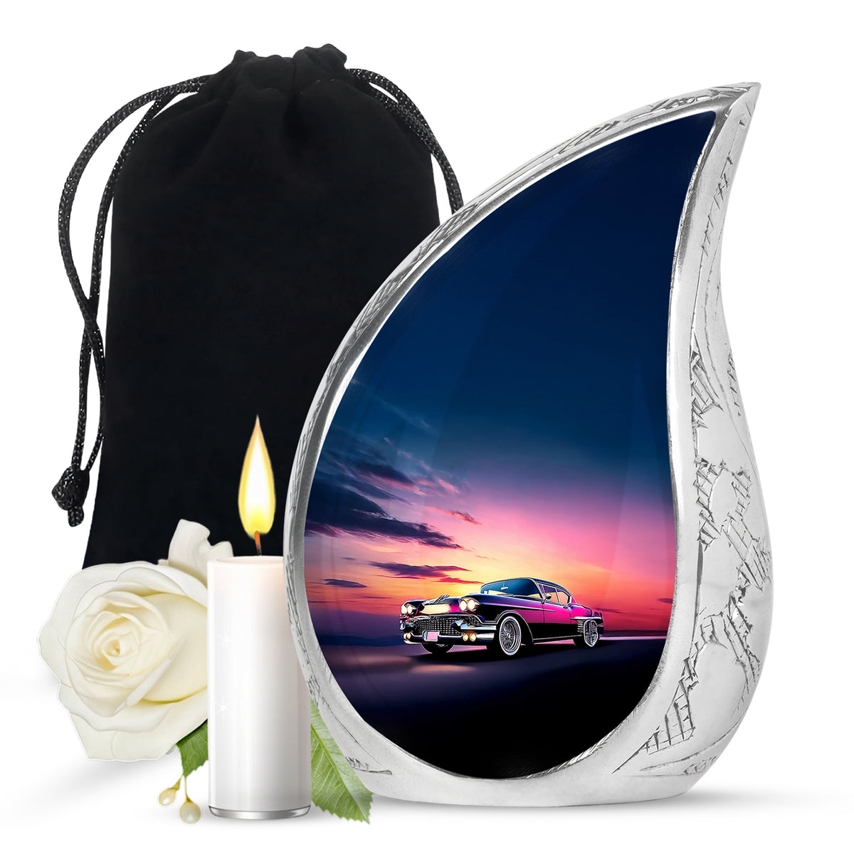 Azure Car Cremation Urn front view showing detailed design - flowing teardrop car silhouette on curved aluminum - full-size 10 inch 200 cubic inch adult cremation urn