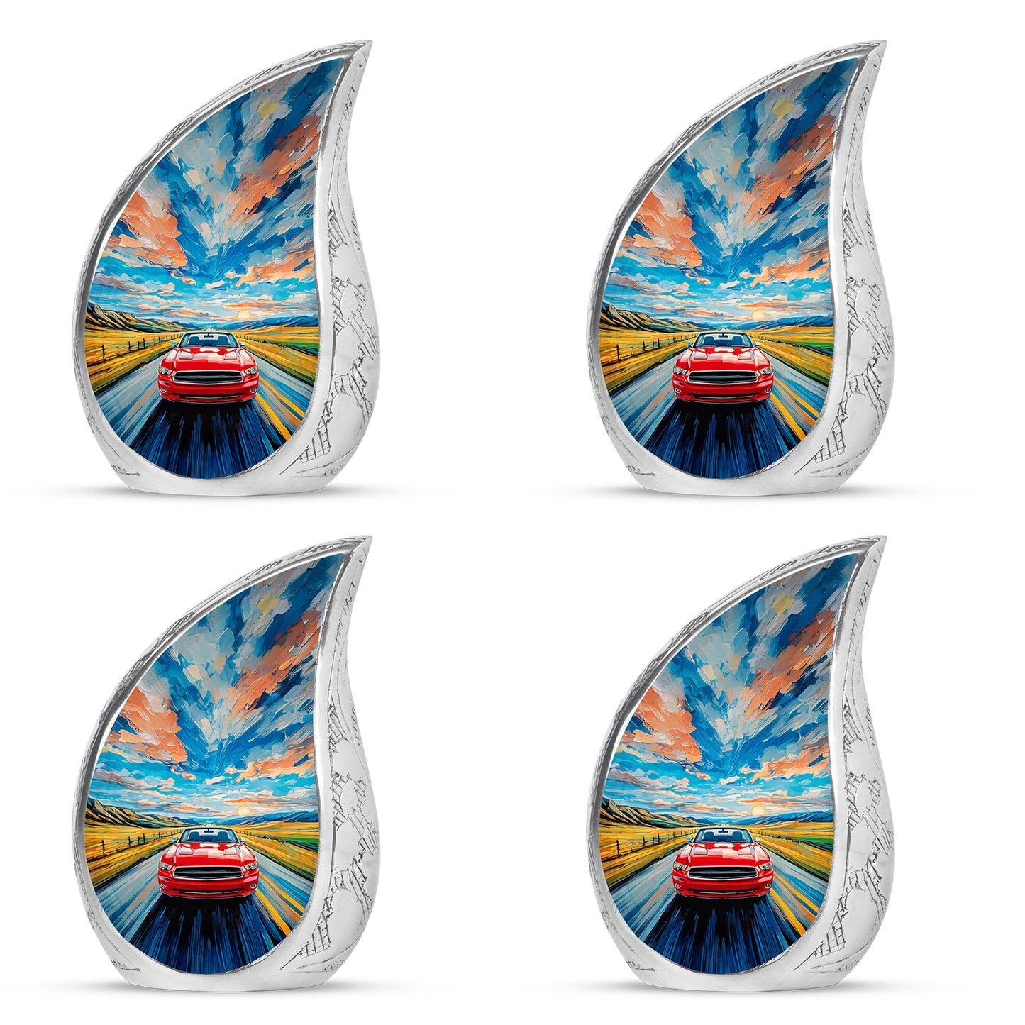 Soft Blue Car Cremation Urn close-up of engraving and surface detail - smooth teardrop contour featuring car art - 10 inch aluminum urn for cremated remains