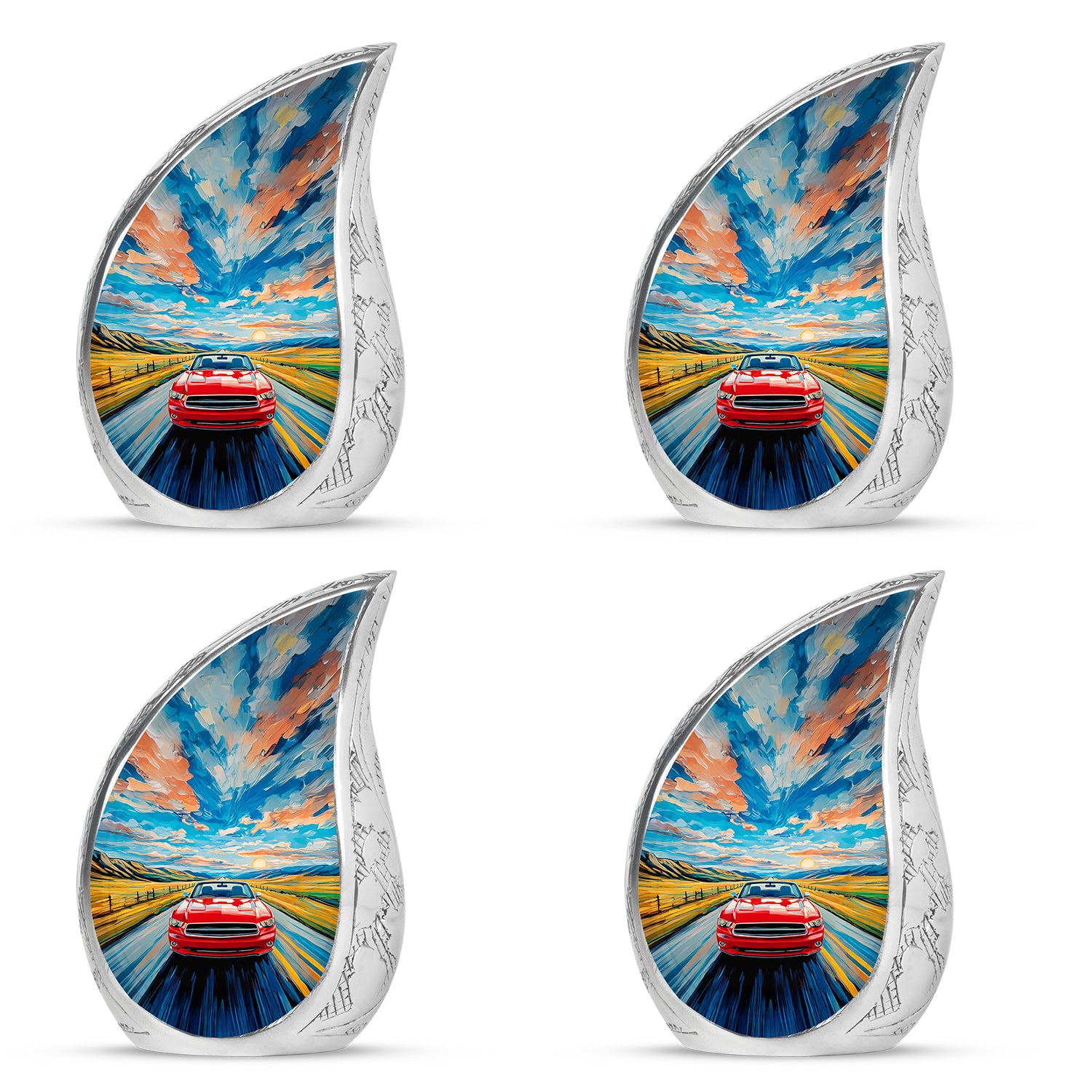 Soft Blue Car Cremation Urn close-up of engraving and surface detail - smooth teardrop contour featuring car art - 10 inch aluminum urn for cremated remains