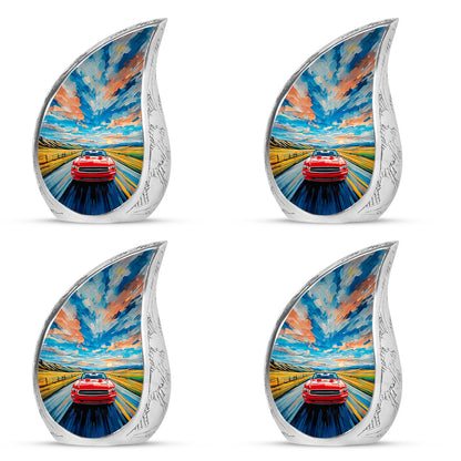 Soft Blue Car Cremation Urn close-up of engraving and surface detail - smooth teardrop contour featuring car art - 10 inch aluminum urn for cremated remains