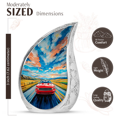 Cobalt Blue Car Cremation Urn angled view of lid and engraved motif - graceful tear-shaped urn with car motif - mini keepsake memorial for portion of cremation ashes