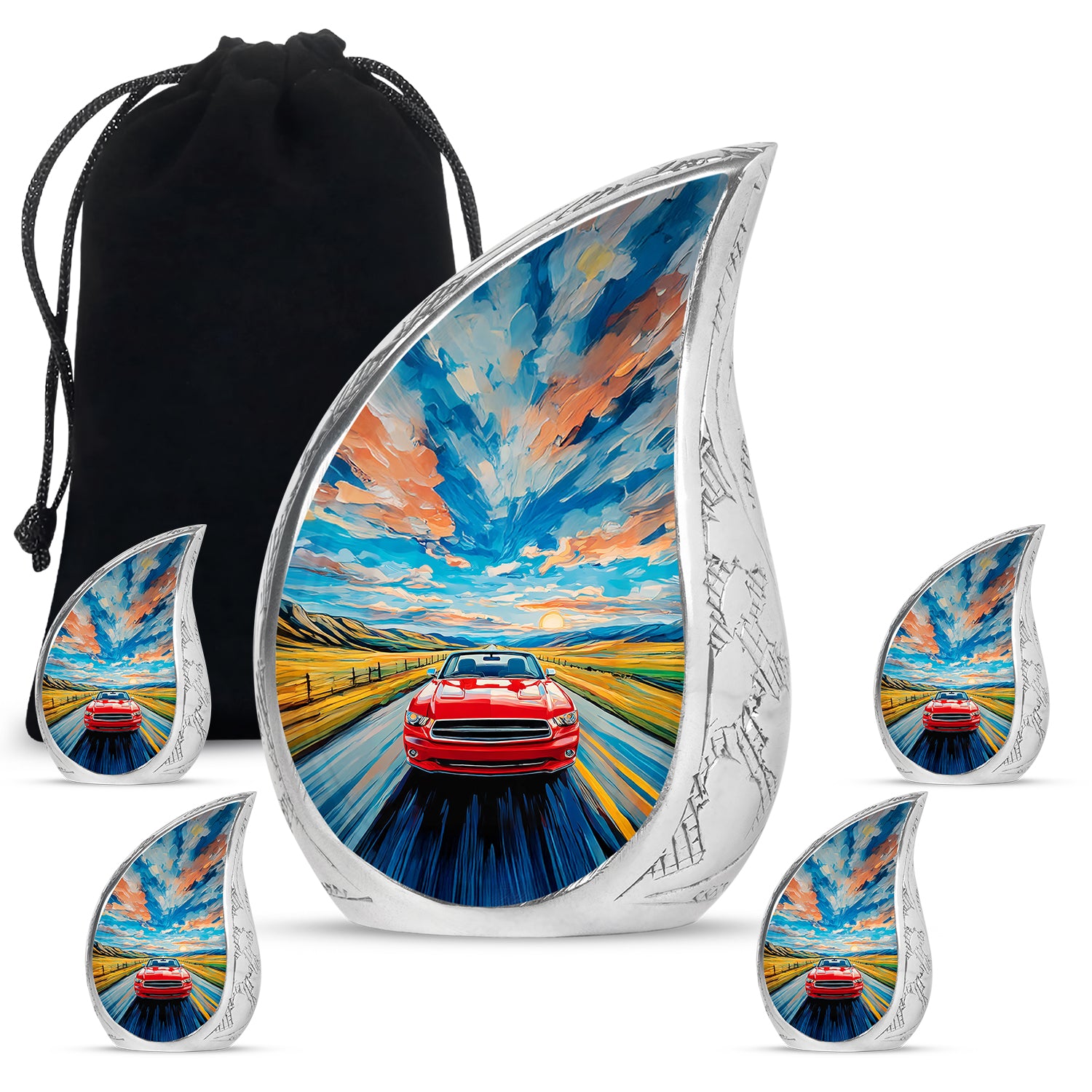 Calming Blue Car Cremation Urn side profile showing urn shape - graceful tear-shaped urn with car motif - memorial set with one large and four small urns