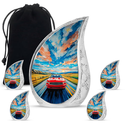 Calming Blue Car Cremation Urn side profile showing urn shape - graceful tear-shaped urn with car motif - memorial set with one large and four small urns