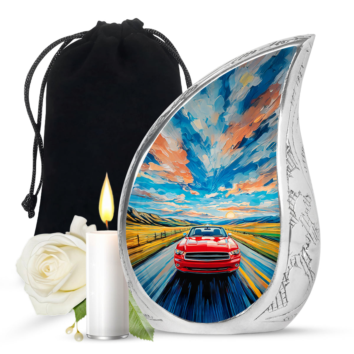 Twilight Blue Car Cremation Urn front view showing detailed design - smooth teardrop contour featuring car art - full-size 10 inch 200 cubic inch adult cremation urn