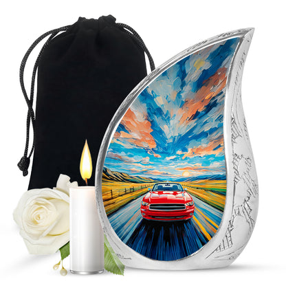 Twilight Blue Car Cremation Urn front view showing detailed design - smooth teardrop contour featuring car art - full-size 10 inch 200 cubic inch adult cremation urn