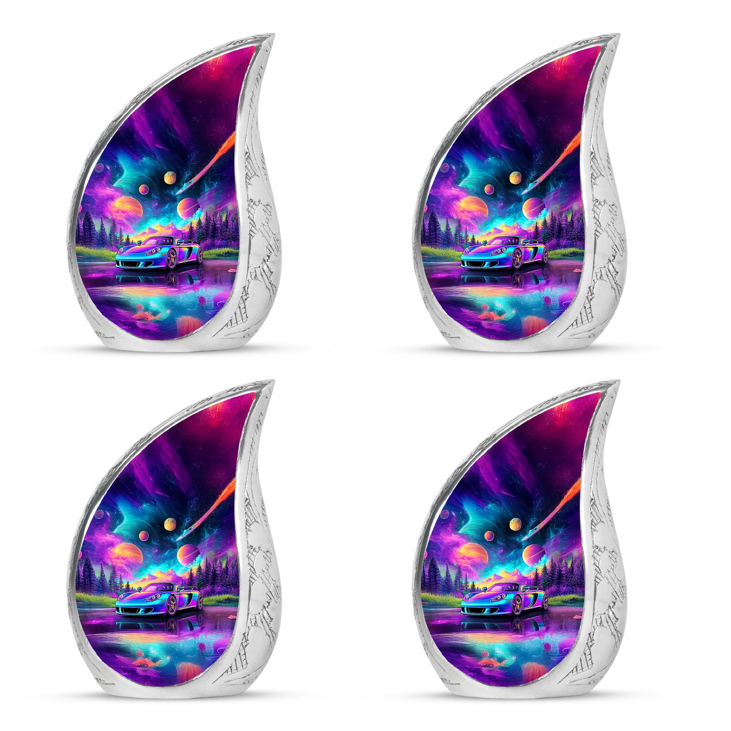Azure Car Cremation Urn close-up of engraving and surface detail - rounded teardrop car design with delicate detail - 10 inch aluminum urn for cremated remains