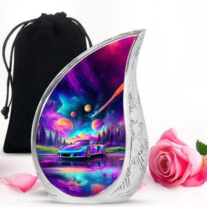 Icy Blue Car Cremation Urn front view showing detailed design - flowing teardrop car silhouette on curved aluminum - full-size 10 inch 200 cubic inch adult cremation urn