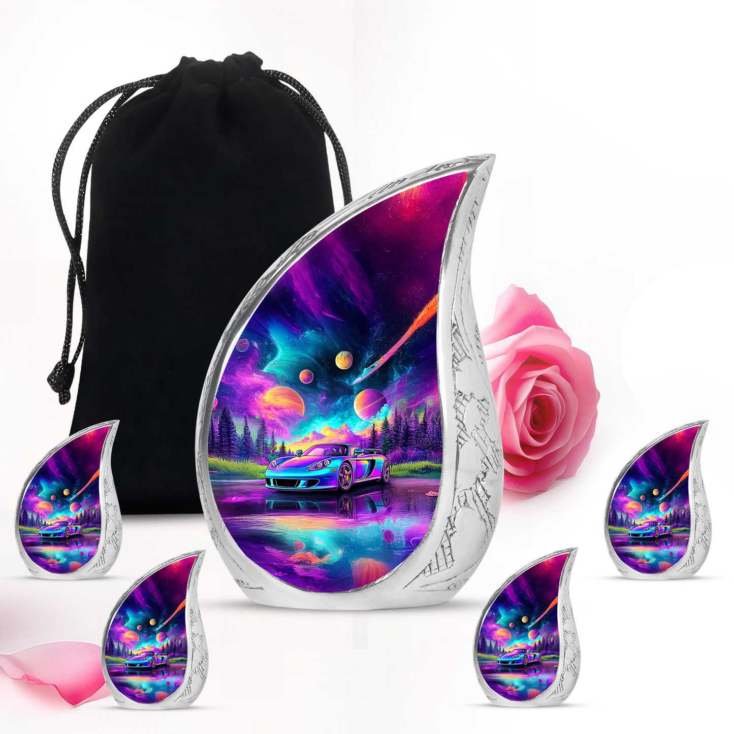 Twilight Blue Car Cremation Urn side profile showing urn shape - smooth teardrop contour featuring car art - memorial set with one large and four small urns