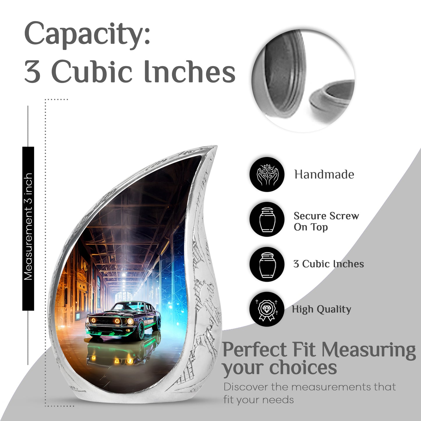 Onyx Black Car Cremation Urn angled view of lid and engraved motif - smooth teardrop contour featuring car art - mini keepsake memorial for portion of cremation ashes