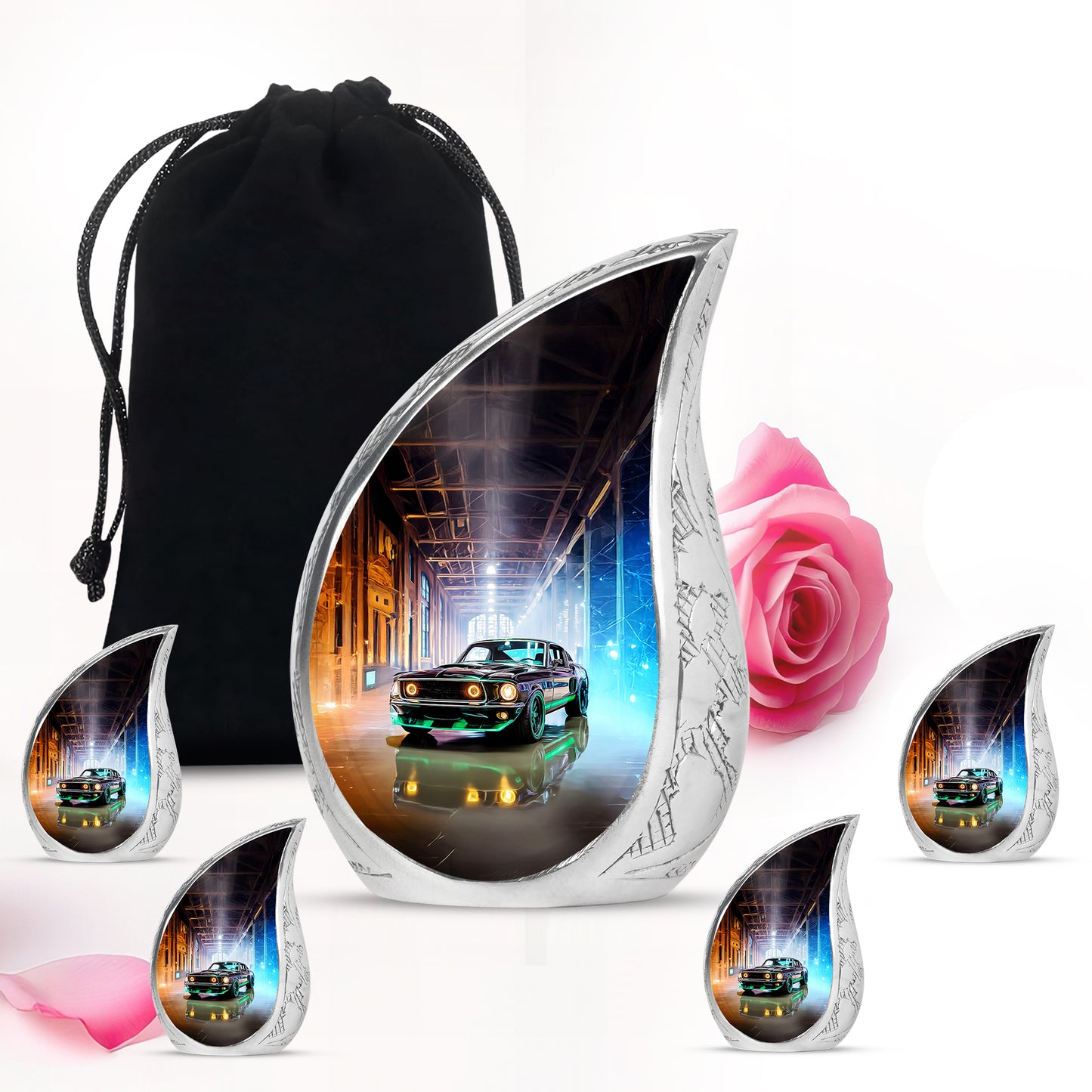 Dark Black Car Cremation Urn side profile showing urn shape - graceful tear-shaped urn with car motif - memorial set with one large and four small urns