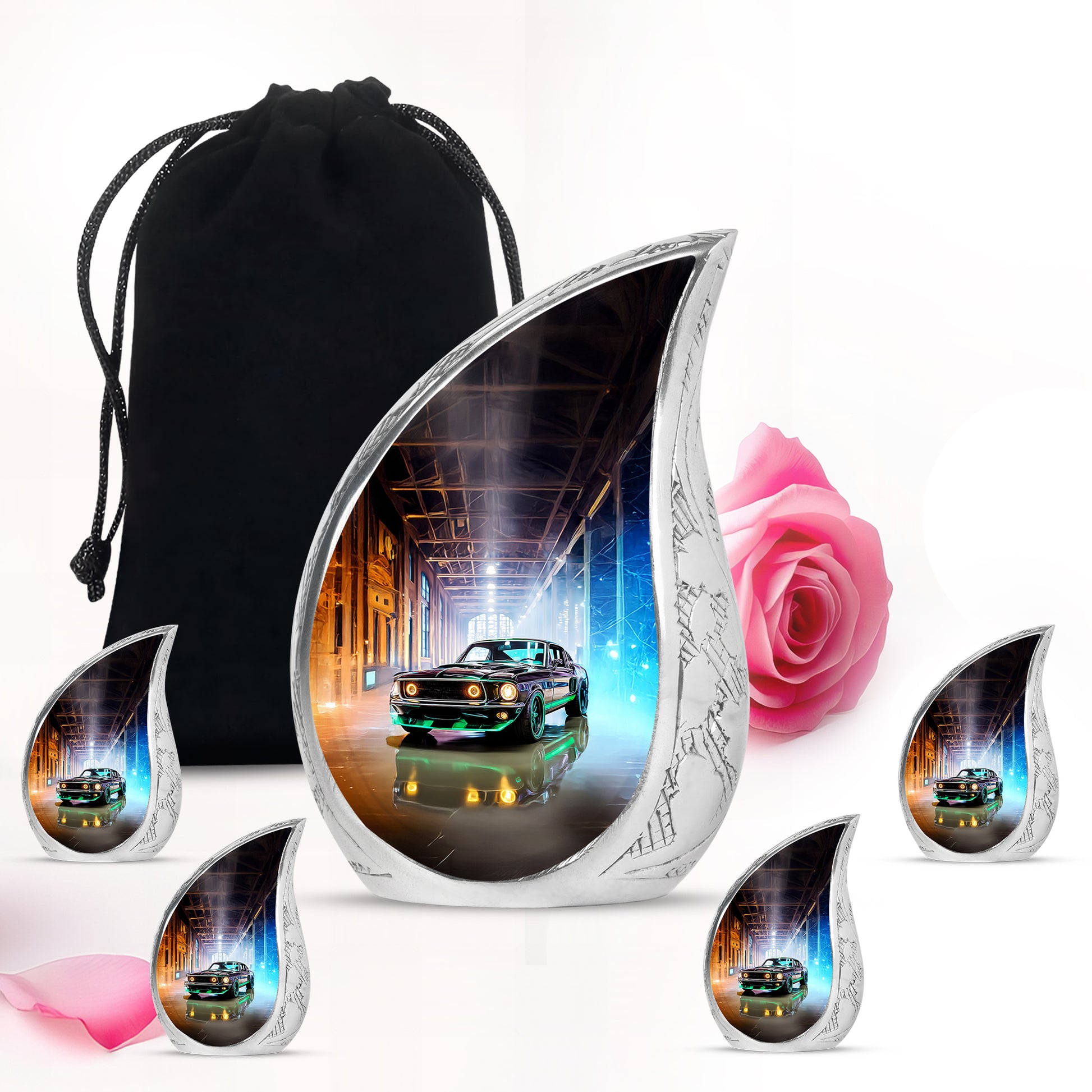 Dark Black Car Cremation Urn side profile showing urn shape - graceful tear-shaped urn with car motif - memorial set with one large and four small urns