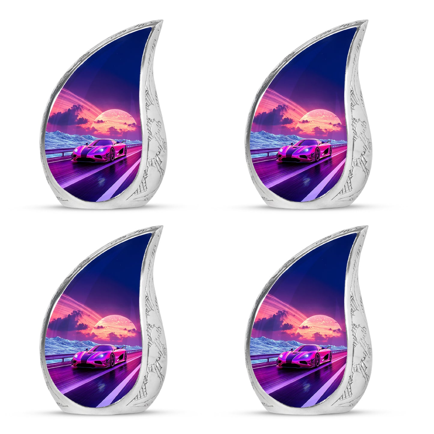 Celestial Blue Car Cremation Urn close-up of engraving and surface detail - flowing teardrop car silhouette on curved aluminum - 10 inch aluminum urn for cremated remains